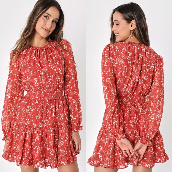 Lulus Too Cute Rust Red Floral Print Smocked Long Sleeve Mini Dress - Picture 1 of 9